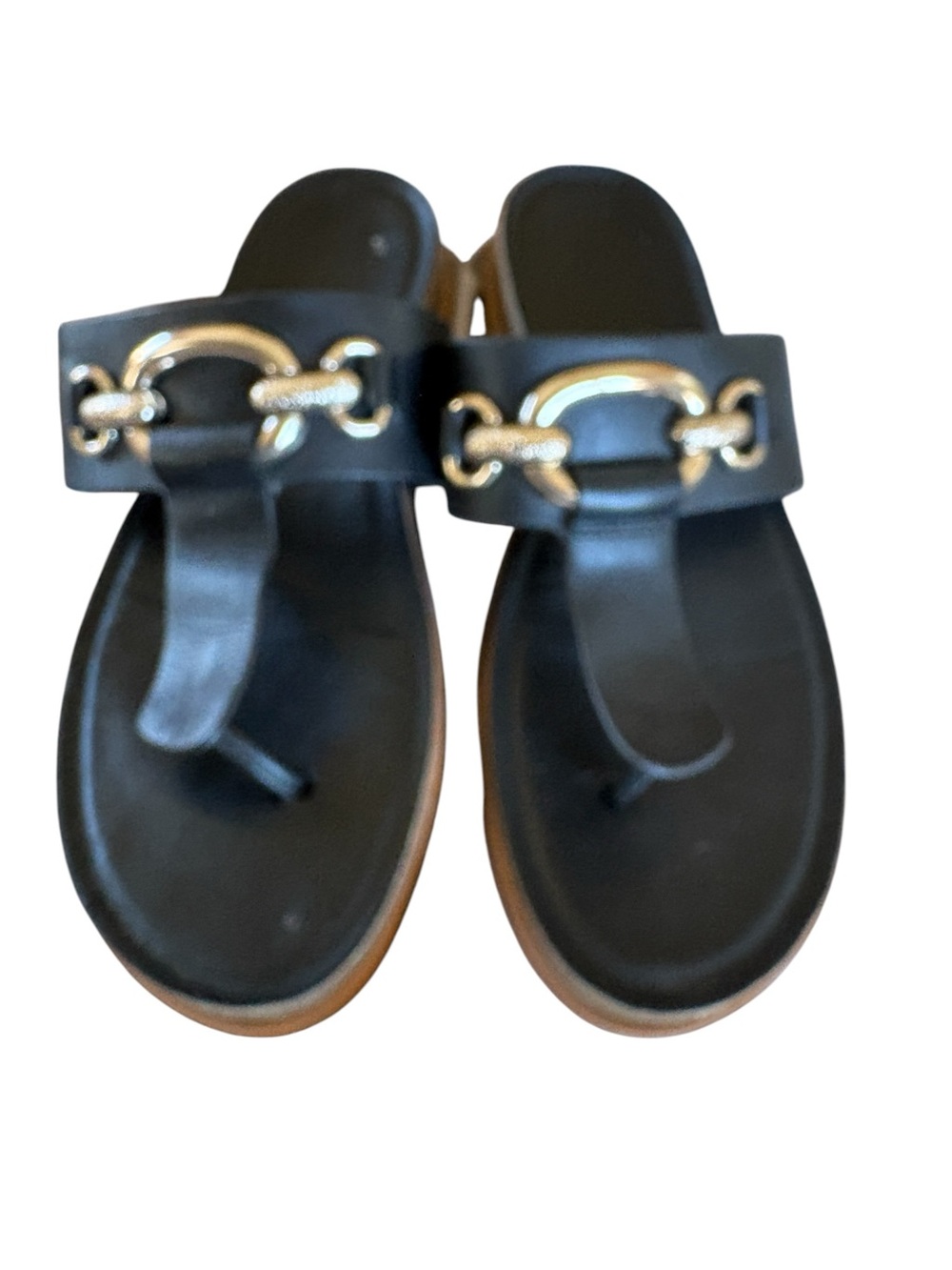 Franco Sarto Brielle Wedge Thong Sandal Leather Black Gold Buckle Size 8.5